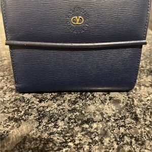 Valextra Dark Blue Leather Wallet with Gold Accent